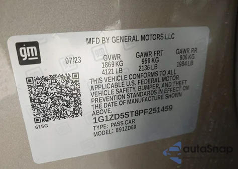 2023 Chevrolet Malibu Fwd 1Lt из США, поврежденный, VIN 1G1ZD5ST8PF251459